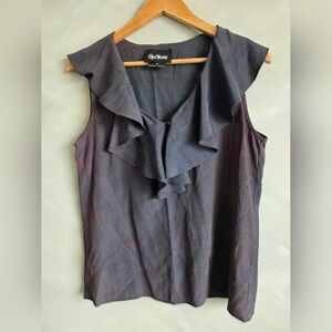 Dark Fern Green Red Iridescent Crepe Ruffle Collar Sleeveless Blouse M Vtg Fairy